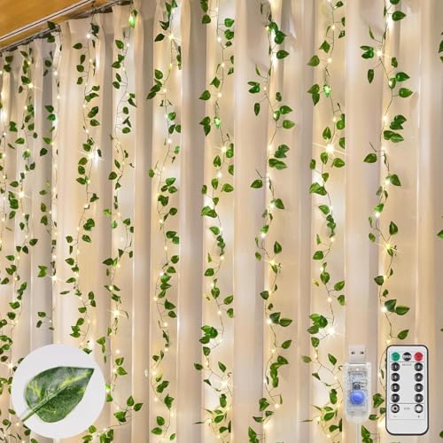 suddus Vines with Lights, 200 LED Fairy Lights with Vines, Pothos Curtain String Lights with Remote for Bedroom, Dorm, Wedding, Party, Wall, Indoor, Outdoor Decor, 6.5ft x 6.5ft - color: Pothos, size: USB-200led