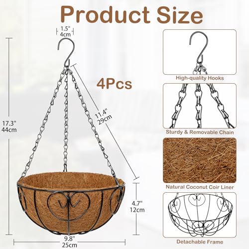 10 inch Metal Hanging Baskets for Plants Outdoor, 4 Pack Metal Wire Hanging Basket Planter with Coco Liner Flower Pots for Indoor Outdoor Garden Porch Patio, Heart-Shaped - size: 10" x 4 Pack, style: Heart