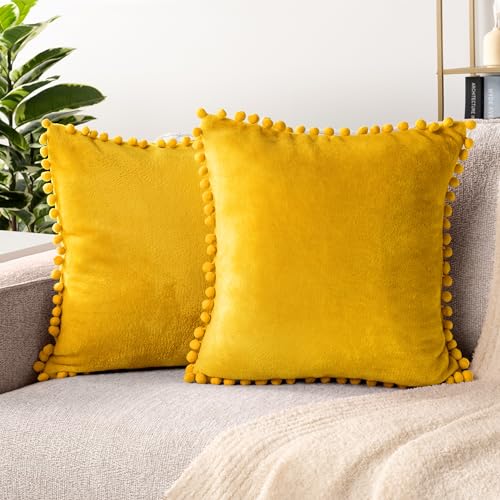 PAVILIA Mustard Yellow Throw Pillow Covers with Pom Pom 18x18 Set of 2, Decorative Pillow Cases for Bedroom Aesthetic, Small Throw Pillows Set for Bed, Velvet Euro Plush Cushion Covers for Sofa Couch - color: Mustard Yellow, size: 18" x 18" (Pack of 2)