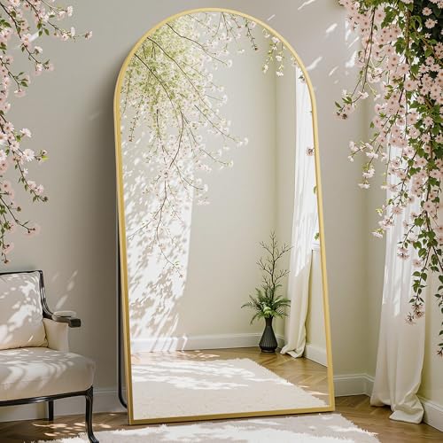 DUMOS 70.4"x25.6" Arched Full Length Mirror with Stand, Floor Body Mirror Shatter-proorf Nano Glass with Aluminum Frame, Free Standing or Hanging Leaning Modern Simple Home Decor, Gold - color: Gold-rounded, size: 70.4"L x 25.6"W
