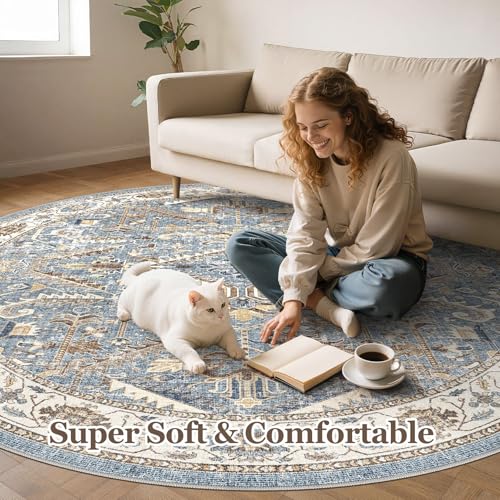 6ft Round Rug Living Room Area Rug - 6x6 Washable Circle Rugs Vintage Large Soft Non Slip Traditional Farmhouse Carpet for Bedroom Dining Room Office Indoor Floor Accent - Blue - color: Blue, size: 6' x 6'