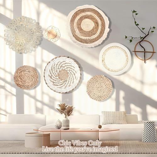 7 Pack Boho Wall Basket Decor,Hanging Woven Wall Basket Decor,Handmade Round Tassels Tapestry Wall Decor,Wicker Bamboo Seagrass Wall Hanging Decor for Farmhouse Living Rooms Bedrooms Display