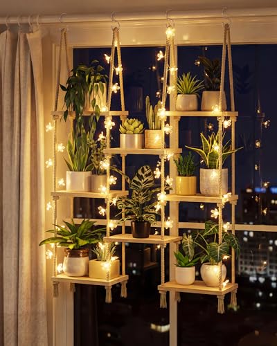 Bamworld Hanging Shelves 8Tiers with Light Plant Hanger Indoor Window Plant Shelves Wood Plant Wall Shelf Window Sill Plant Shelf Indoor Hanging Plant Stand Living Room Decor Garden Boho Decor - size: 8Tier,Light
