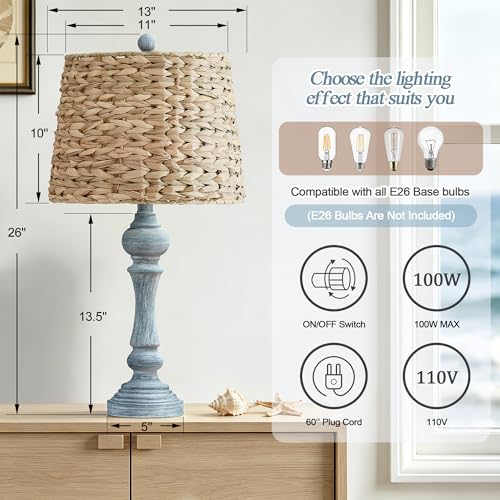 Maxax 26" Boho Rattan Table Lamps Set of 2 with USB A+C Ports, Coastal Bedside Lamps with Rattan Shade, Distressed Antique Blue Farmhouse Wicker Lamps, Rustic Resin Nightstand Lamps for Living Room - color: Antique Blue
