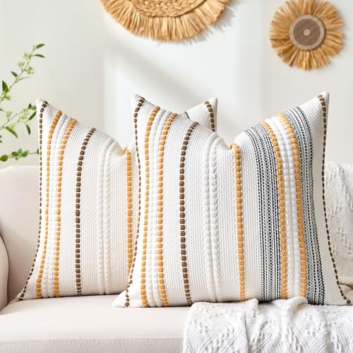 Farmhouse Throw Pillow Covers Accent Pillows Fall Pillow Covers 18x18 Boho Decorative Textured Woven Cushion Cases Set of 2 Mustard Yellow Striped Couch Covers for Couch Bed Living Room Home - color: Orange, size: 18" x 18" (Pack of 2)