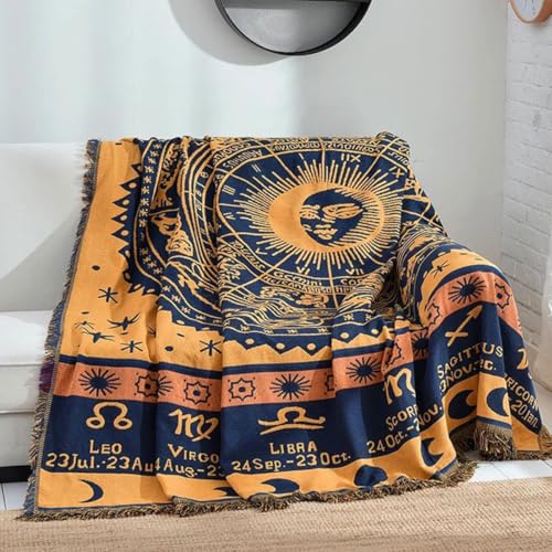 LumiSyne Cotton Woven Throw Blanket With Tassel Double-Sided Jacquard Bohemian Geometric Pattern Vintage Ethnic Style Decorative Throws For Sofa Bed Armchair Camping Blanket Tapestry Tablecloth Carpet - color: Yellow Blue Constellation, size: 90×90cm