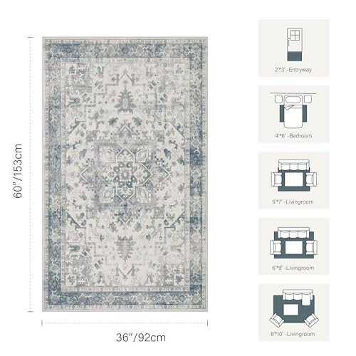 Rugxara 3x5 Washable Entryway Rug, Non Slip Boho Runner Rugs for Hallway, Entrance, Kitchen, Bathroom, Laundry Room, Soft Entryway Carpet, Throw Low Pile Retro Imitation Wool Carpet, Light Blue Grey - color: Blue & Grey, size: 3' x 5' (Rectangular)