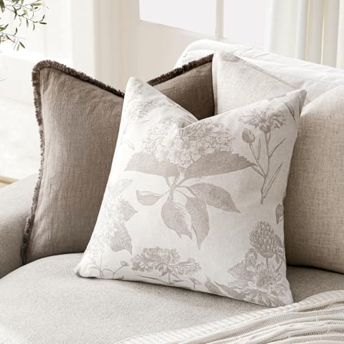 Foindtower Set of 2 Linen Floral Vintage Throw Pillow Covers Neutral Accent Decorative Cushion Covers Farmhouse Boho Home Decor for Sofa Chair Couch Bedroom Living Room,20×20 Inch,Tan Beige - color: Doeskin, size: 20" x 20" (Pack of 2)