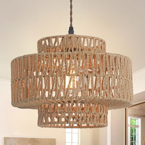 Boho Rattan Lamp Shades for Pendant Light Chandelier Floor Lamps Replacement,Rustic 3-Tier Drum Lamp Shade with Hand-Woven Rattan for Living Room Kitchen Dining Room Office Hotel. - size: style B