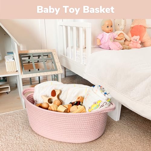 Goodpick Small Woven Basket for Gifting, Small Storage bins for Toys, Baby Gift Baskets for Nursery, Pink Rope Basket for Gifts, Decorative Baskets with Handles, 12" x 8" x 5" - color: Light Pink, size: 12x8x5 Inch (Pack of 1)