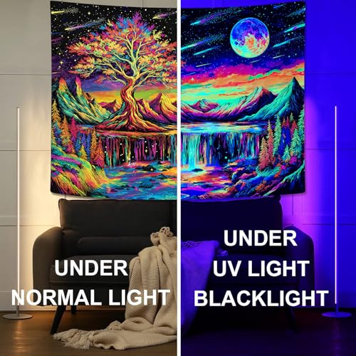 Zussun Blacklight Tree of Life Tapestry UV Reactive Moon Mountain Forest Waterfull Tapestry for Bedroom Aesthetic Nature Small Tapestries Wall Hanging for Dorm Living Room Decor 60 x 44 Inch - color: Warm Red, size: 60"L x 44"W