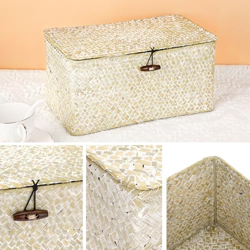 Hipiwe Seagrass Storage Basket Bins with Lid, Handwoven Wicker Shelf Baskets Bin Rectangular Household Basket Organizer Boxes for Shelf Closet Bedroom Home Decor, Whitewash Medium - color: Whitewash, size: Medium
