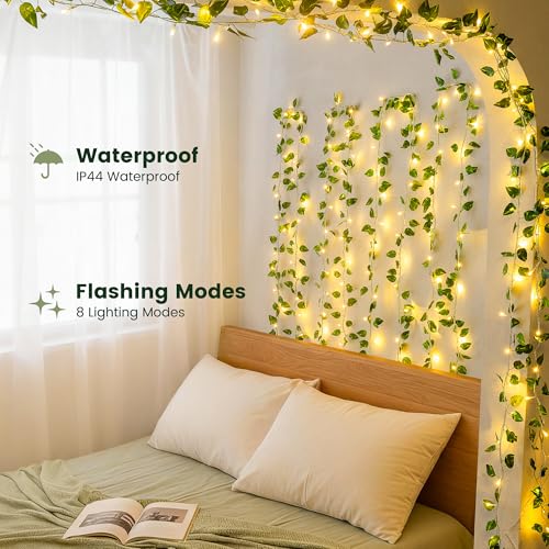 HEYFUNi Vines with Lights, 23 Ft 73 Led Faux Pothos String Lights Plug in, Leaf Lights for Bedroom, Wall, Balcony, Wedding Decor, Warm White - color: Pothos, size: 73 LED-Plug in
