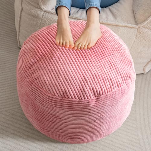 HIGOGOGO Round Stuffed Pouf Ottoman, Corduroy Poufs with Foam Chunk Filling, Furry and Fluffy Pouf Foot Stool Storage Ottoman, 20 X 15 Floor Poufs Foot Rest for Living Room, Pink - color: Pink, size: 20"D x 20"W x 15"H