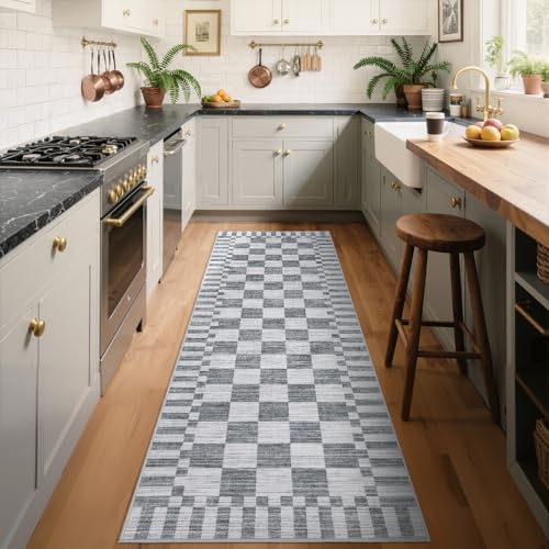 GarveeHome 2×6 Kitchen Runner Rug Non Slip,Grey Checkered Rug, Washable Runner Rug for Hallway Soft Low-Pile Geometric Modern Rugs for Entryway - color: Grey, size: 2' x 6' (Rectangular)
