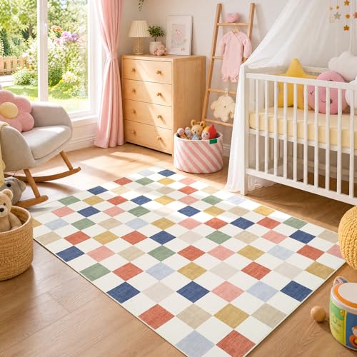GarveeHome Checkered Nursery Kids Boy Playroom 3x5 Washable Rug Colorful Rainbow Geometric Modern Soft Low-Pile Stain Resistant Small Rug for Bedroom Entryway Non-Slip TPE Backing - color: Colorful, size: 3' x 5' (Rectangular)