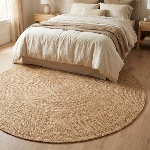 Jute Braided Area Rug, Natural - 6 Feet Round, Boho Neutral Indoor Large Circle Hand Woven Rugs for Living Room, Bedroom, Nursery, Kitchen | Farmhouse Rustic Coastal Patio Floor Mat for Indoor Décor - color: Natural, size: 6' (Round)