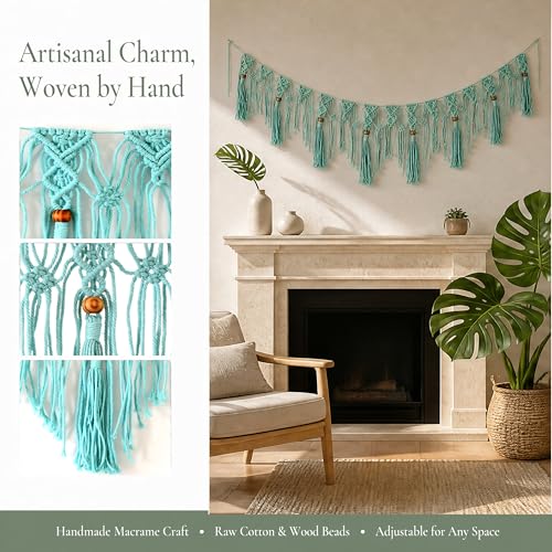 Garland Banner, Macrame Wall Hanging Decor, Boho Fringe Tassel Hanger Decoration for wall/Desk/Party/Room/Doorway/Window 55“X 12" (Tiffany Blue) - color: Tiffany Blue