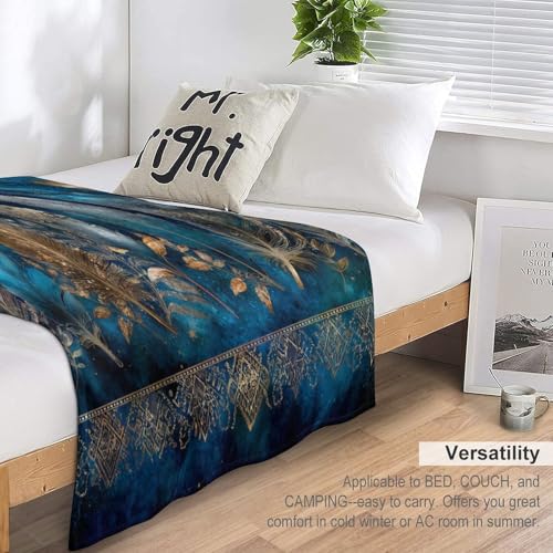 Blanket Bohemian Feather Leaf Blue Throw Blanket for Women Men, 30"x40" Galaxy Star Ornament Plush Flannel Throws, Decor for Bed Couch Bedroom - color: Bohemian Feather Leaf Blue, size: 30"x40"