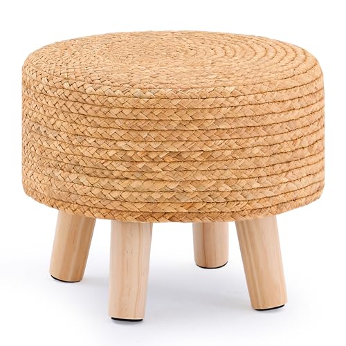 Handwoven Round Ottoman, Natural Water Hyacinth Outdoor Patio Pouf Seagrass Low Stool with Wood Legs, Soft Padded Footrest for Living Room Bedroom Garden, Natural - color: Natural, size: 13"D x 13"W x 10.6"H