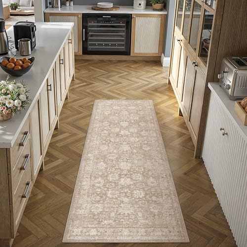 HUGEAR 2x6 Runner Rug Beige Machine Washable Rug Room Decor Vintage Distressed Hallway Rugs Low Pile Carpet Non Slip Washable Rugs for Kitchen Laundry Room Living Soft Lightweight - color: A| Beige, size: 2' x 6' (Runner)