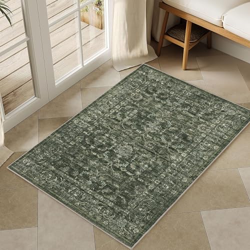 Washable Area Rug 2x3 Green Rugs for Living Room, Vintage Boho Rug for Bedroom Dining Room Office, Distressed Floral Print Carpet for Under Table, Soft Non Slip Low Pile Throw Carpet Indoor Mat - color: Dark Green, size: 2' x 3' (Rectangular)