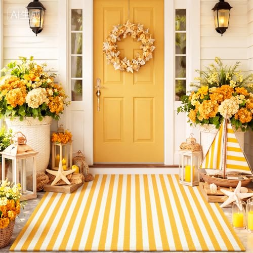 Moucuny Yellow and White Summer Striped Rug 2'4'' x 3'7'' Outdoor Indoor Front Porch Door Mat Polyester Washable Entryway Rug for Kitchen, Bathroom, Living Room, Dorm Farmhouse Decor - color: Yellow and White, size: 2'4'' X 3'7'', style: Vertical Stripe