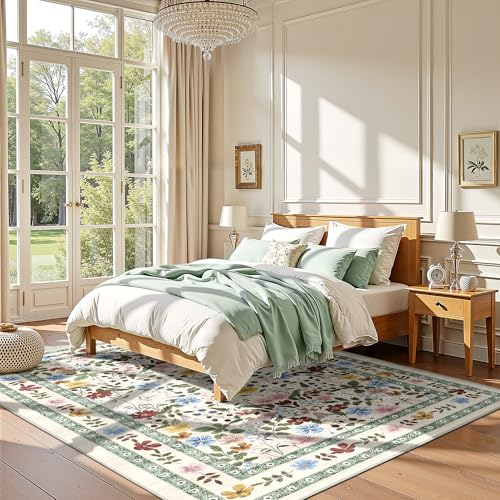 Deerly Floral Area Rugs 5x7 Vintage Boho Washable Non-Slip Living Room Carpet Soft Low Pile Colorful Thin Bedroom Floor Mat Indoor for Dining Room Playroom Nursery Farmhouse, Beige/Green/Multi - color: Beige/Green/Multi, size: 5' x 7' (Rectangular)