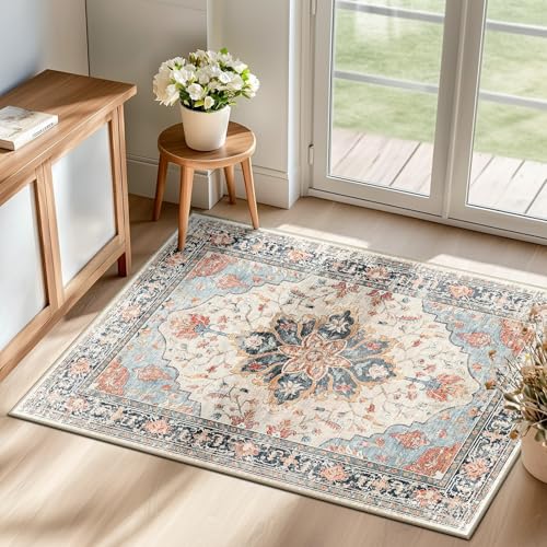 RELEANY Area Rugs Small 2'x3' Washable Non-Slip, Floral Vintage Distress Medallion Carpet for Kitchen Entryway Bathroom, Beige Navy Blue Orange Colorful - color: Beige/Blue/Orange, size: 2' X 3' (Rectangular)