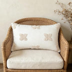 Beautiful Embroidery Four-Leaf Flower Throw Pillowcase Soft Woven Cotton Canvas Accent Pillow 12x20 Inch Tufted Clover Decorative Pillowcase with Cross Stitch for Preppy Stuff Room 1PCS (Cream Beige)