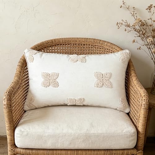 Beautiful Embroidery Four-Leaf Flower Throw Pillowcase Soft Woven Cotton Canvas Accent Pillow 12x20 Inch Tufted Clover Decorative Pillowcase with Cross Stitch for Preppy Stuff Room 1PCS (Cream Beige)