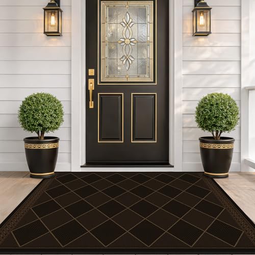 Checkered Easy Jute 3x5 for Porch Rugs Indoor Outdoor Decor, Washable Non Slip Entry Way Front Door Mat Outdoor, Farmhouse Patio Rug, Dark Brown Non Slip Daimond Carpet for Kitchen, Backyard, Laundry - color: Dark Brown, size: 3' x 5' (Rectangular)