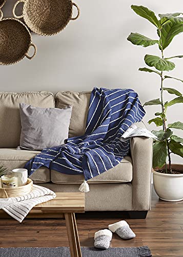 DII Striped Throw Collection Cotton Slub, Hand-Tied Tassels, 50x70, French Blue & Off-White - color: French Blue & Off-white, size: 50x70''