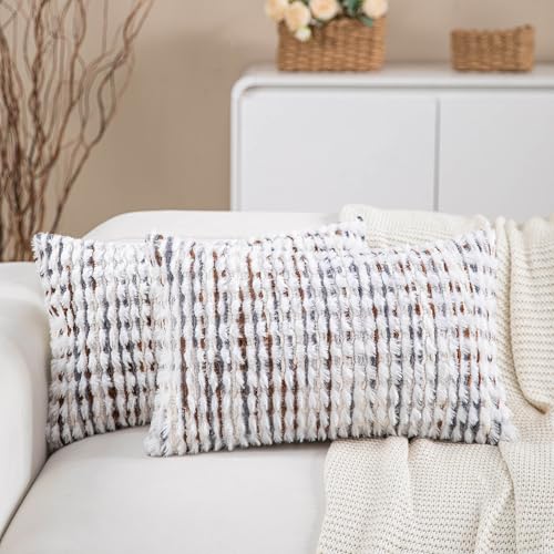 Boho Lumbar Pillow Covers Set of 2-12x20 Inch Farmhouse Tufted Long Boho Throw Pillows, Neutral Fluffy Pillow Cases Rectangle Accent Pillowcase for Couch Bed Sofa Home Decor, Brown White - color: Brown, size: 20" x 12" (Pack of 2)