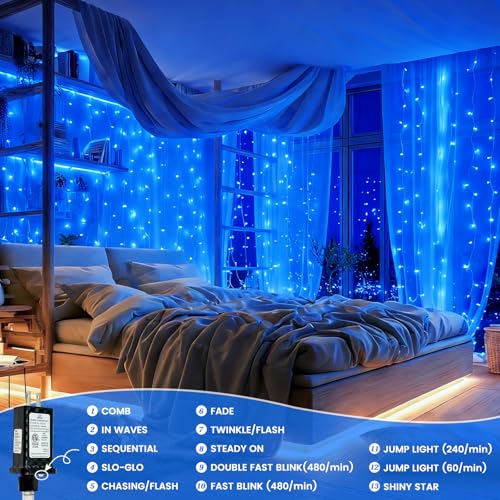 Connectable 2Pack String Lights Indoor, 66FT 200LED String Lights, 13Modes Twinkle Fairy Lights Plug in Outdoor Waterproof, Blue Clear Wire Light for Christmas Tree, Wedding Yard, Party Decor - color: Blue, size: 2PK-200LED