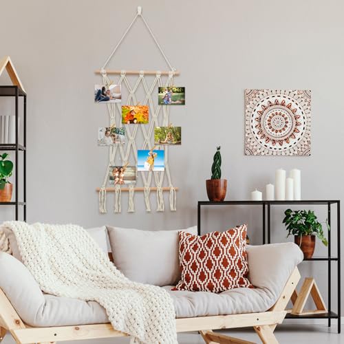 Hanging Photo Display Wall Decor Macrame Wall Hanging Boho Collage Picture Frames Decor for Dorm Bedroom Living Room Teen Girl Gifts-B - color: Beige Photo Decoration B