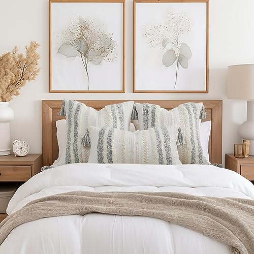decorUhome Summer Decorative Boho Throw Pillow Covers 18x18 Set of 2, Accent Neutral Textured Tufted Pillow Covers Striped for Couch Bed Sofa Living Room, Light Grey and Cream White - color: Light Grey and Cream White, size: 18" x 18" (Pack of 2)