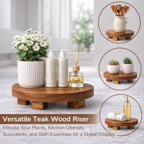 Teak Handmade Display Riser for Bathroom Counter Decor, Round Pedestal Stand for Shelf, Home Centerpiece Decor