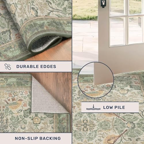 Washable Sage Green Floral Rugs for Entryway - Small 2x4 Runner Rug for Kitchen Bathroom Door Mat Indoor Entrance with Bird & Botanical Pattern, Light Green and Beige, Non Slip Low Pile - color: Sage Green, size: 2' x 4' (Rectangular)
