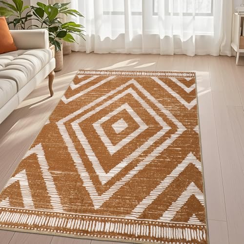 Moroccan Washable Area Rugs 3x5ft Non Slip, Low Pile Entryway Rug, Brown Boho Bedroom Carpets, Non Shedding Soft Floor Carpet for Dining Room Bathroom Kitchen Study Office - color: Brown, size: 3' x 5' (Rectangular)