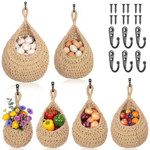 6 Pack Hanging Fruit Baskets for Kitchen Boho Wall Hanging Baskets for Organizing Handwoven Wall Fruit Basket Boho HangingWall Basket for Garlic Potato Onion Home Fruits and Vegetable StorageBaskets