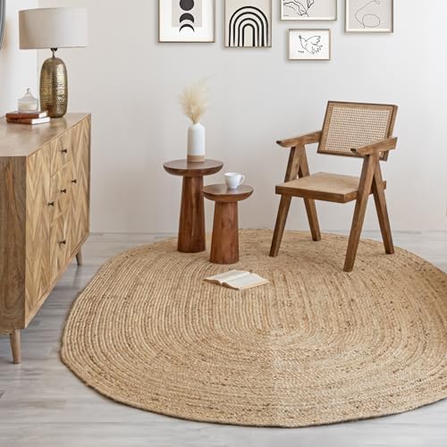HOMEMONDE Reversible Oval Jute Area Rug - 4 x 6 ft Hand Woven Natural Fiber - Farmhouse Braided Rugs for Dining Room/Hallway/Office/Kitchen/Bedroom (Natural) - size: 4' x 6' (Oval)