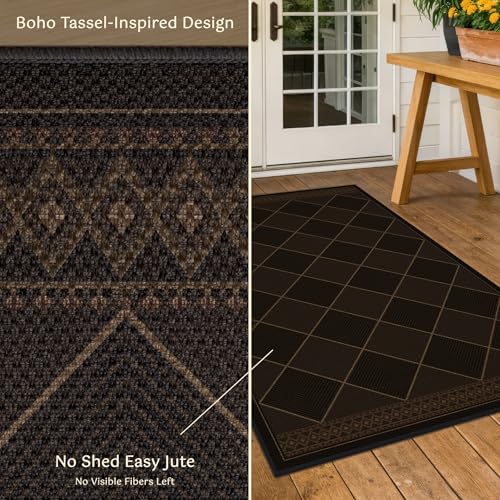 Dark Brown Diamond Checkered Easy Jute Rug 4x6, Non Slip Stain Resistant Checkerboard Area Rug, Low Pile Indoor Outdoor Carpet for Entryway, Living Room, Porch & Office, Mid-Century Modern Style Decor - color: Dark Brown, size: 4' x 6' (Rectangular)