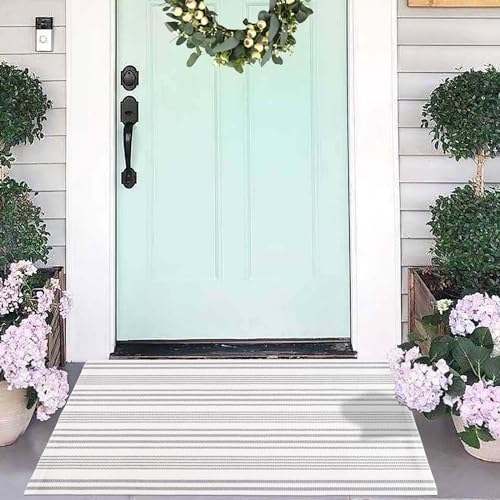 Grey and White Striped Outdoor Rug 24'' x 35'' Door Mat Outdoor Machine Washable Welcome Mats Cotton Hand-Woven Entryway Rug for Front Porch/Entryway/Laundry/Bathroom/Bedroom - color: Grey Striped, size: 2' x 3' (Rectangular)