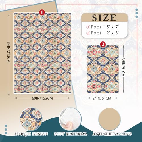 Boho Vintage Flower Washable Area Rug 5 x 7 Ft, Bohemia Retro Floral Soft Non Slip Large Rugs Indoor Home Decor, Entryway Floor Carpet Living Room Bedroom Kitchen Dining Room Decoration