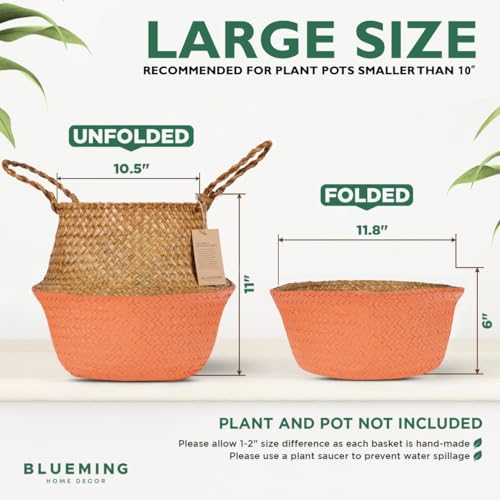 Blueming Large Wicker Planter Basket – 12 Inch Seagrass Plant Pot in Boho Orange for Olive Trees, Faux Plants, or Indoor Decor, Woven Baskets Basket for Living Room or Modern Home Styling - color: Orange, size: Large