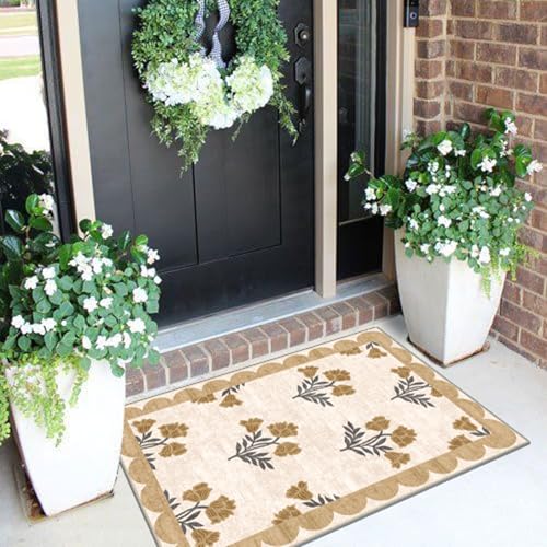 Front Door Mat Outside Entrance - 2x3 Spring Floral Non-Slip Washable Doormat Indoor Outdoor Door Mat Beige Vintage Farmhouse Entry Rug Small Throw Rugs for Entryway Kitchen Front Porch Decor - color: Flower - Beige, size: 2' x 3' (Rectangular)