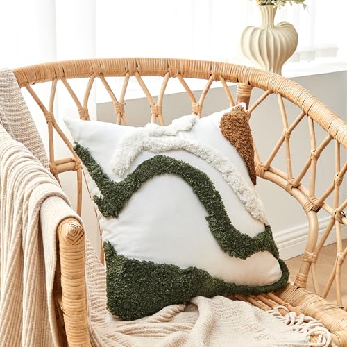 lifein 18x18 Pillow Covers-Throw Pillow Covers Boho Couch Pillows Embroidered Decorative Accent Pillows Mid Century Textured Pillowcases for Couch Sofa Living Room Bed (Olive Green and Cream) - color: C-cr711-g(1 Pack Without Pillow Insert), size: 18" x 1