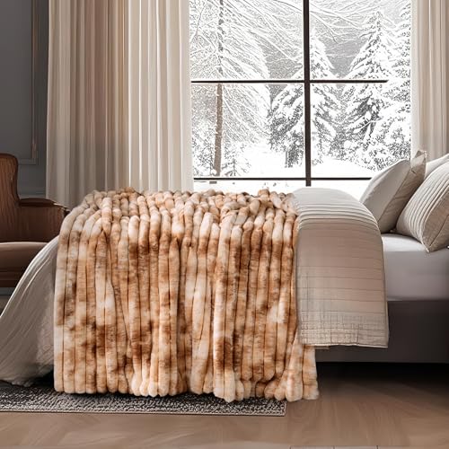 Amélie Home Faux Fur Throw Blanket for Couch, Cozy Fuzzy Fluffy Fur Luxurious Soft Striped Plush Gift Blankets for Family Sofa Chair Bedroom, 55"x70", Tie-dye Khaki - color: Striped Tie-dye Kahki, size: Throw(55"x70")