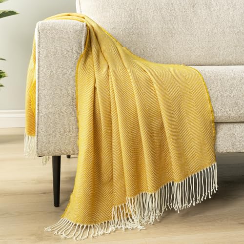 PAVILIA Yellow Herringbone Throw Blanket for Couch Bed, Decorative Outdoor Throw Blanket, Faux Cashmere Blanket Throw, Lightweight Accent Sofa Blanket Throw, 50x60 - color: Herringbone - Yellow, size: 50 X 60 Inches - Throw